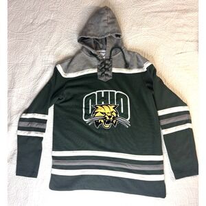 Champions Unisex Ohio Univ Green Grey Lace Up Pullover Hoodie Medium Fleece EUC